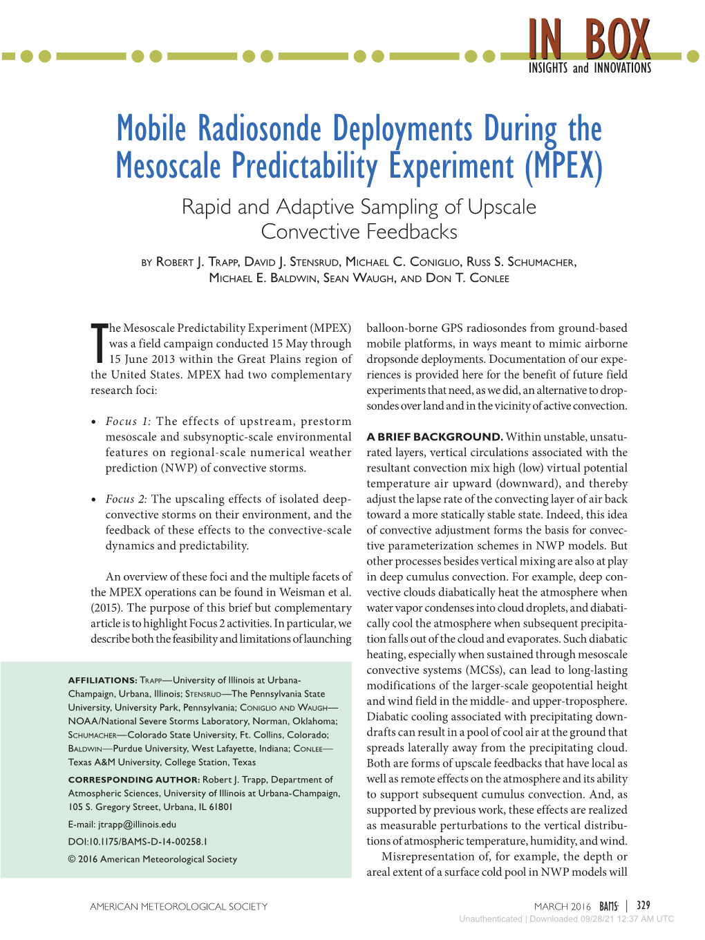 Mobile Radiosonde Deployments During the Mesoscale Predictability Experiment (MPEX) Rapid and Adaptive Sampling of Upscale Convective Feedbacks