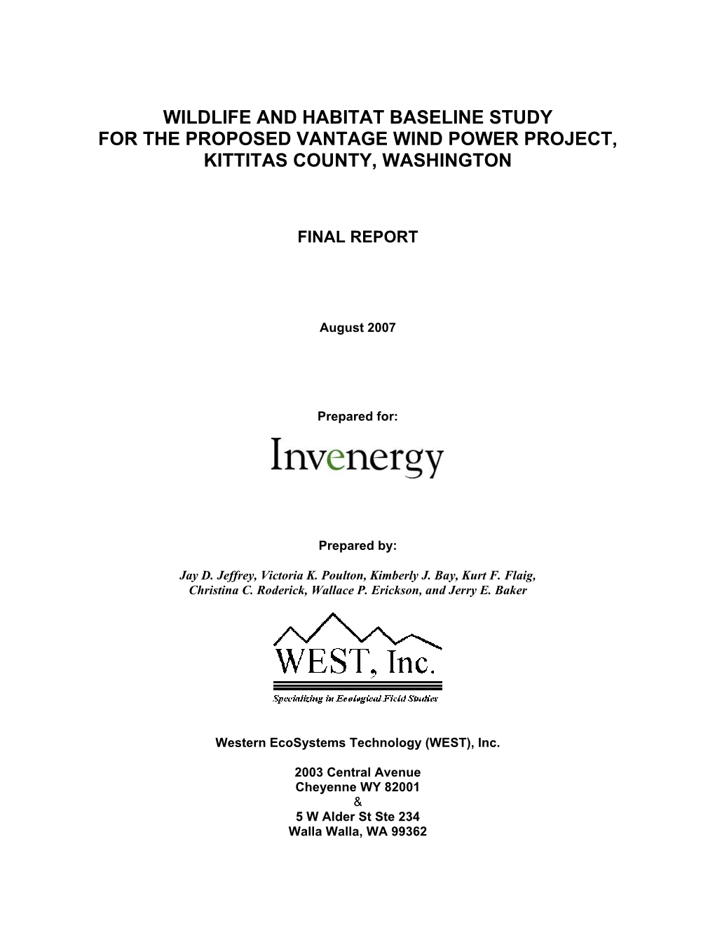 Wildlife and Habitat Baseline Study for the Proposed Vantage Wind Power Project, Kittitas County, Washington