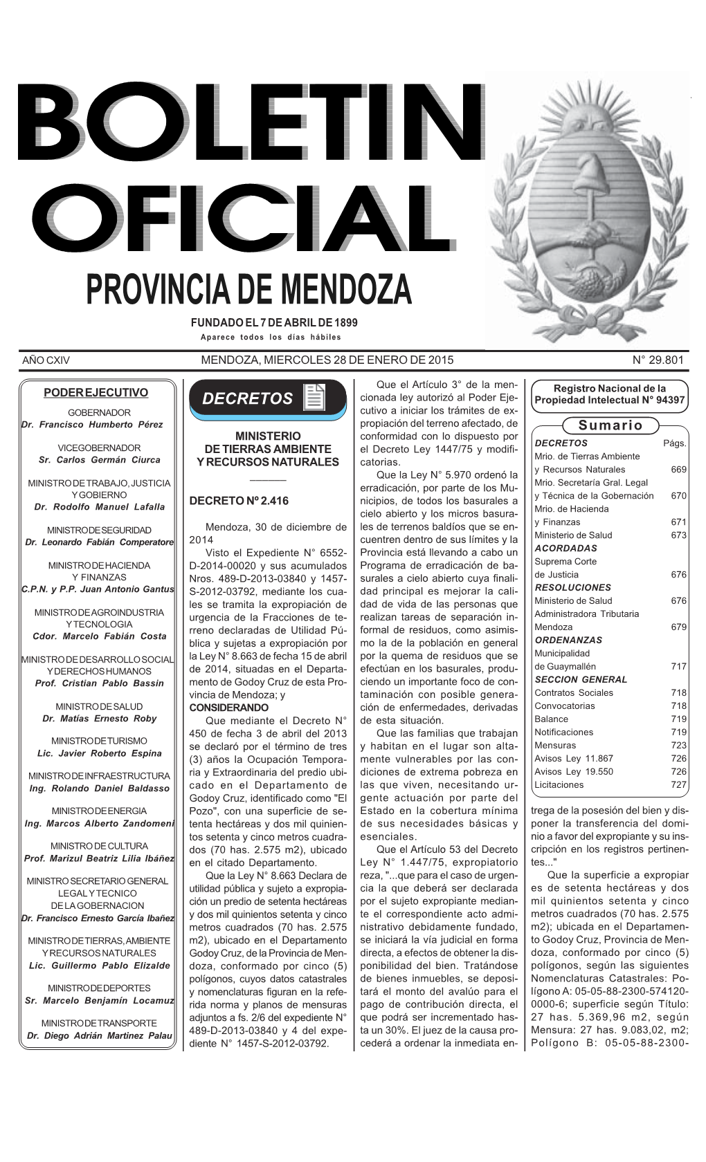 PROVINCIA DE MENDOZA FUNDADO EL 7 DE ABRIL DE 1899 Aparece Todos Los Días Hábiles