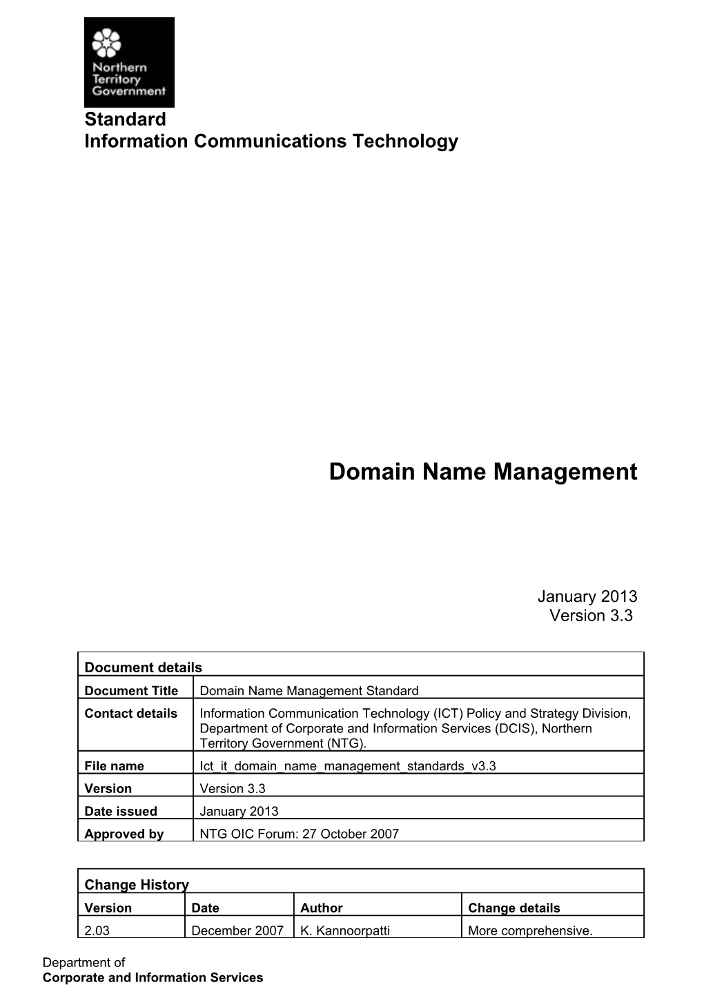 Information Communication Technology Domain Name Management Standard