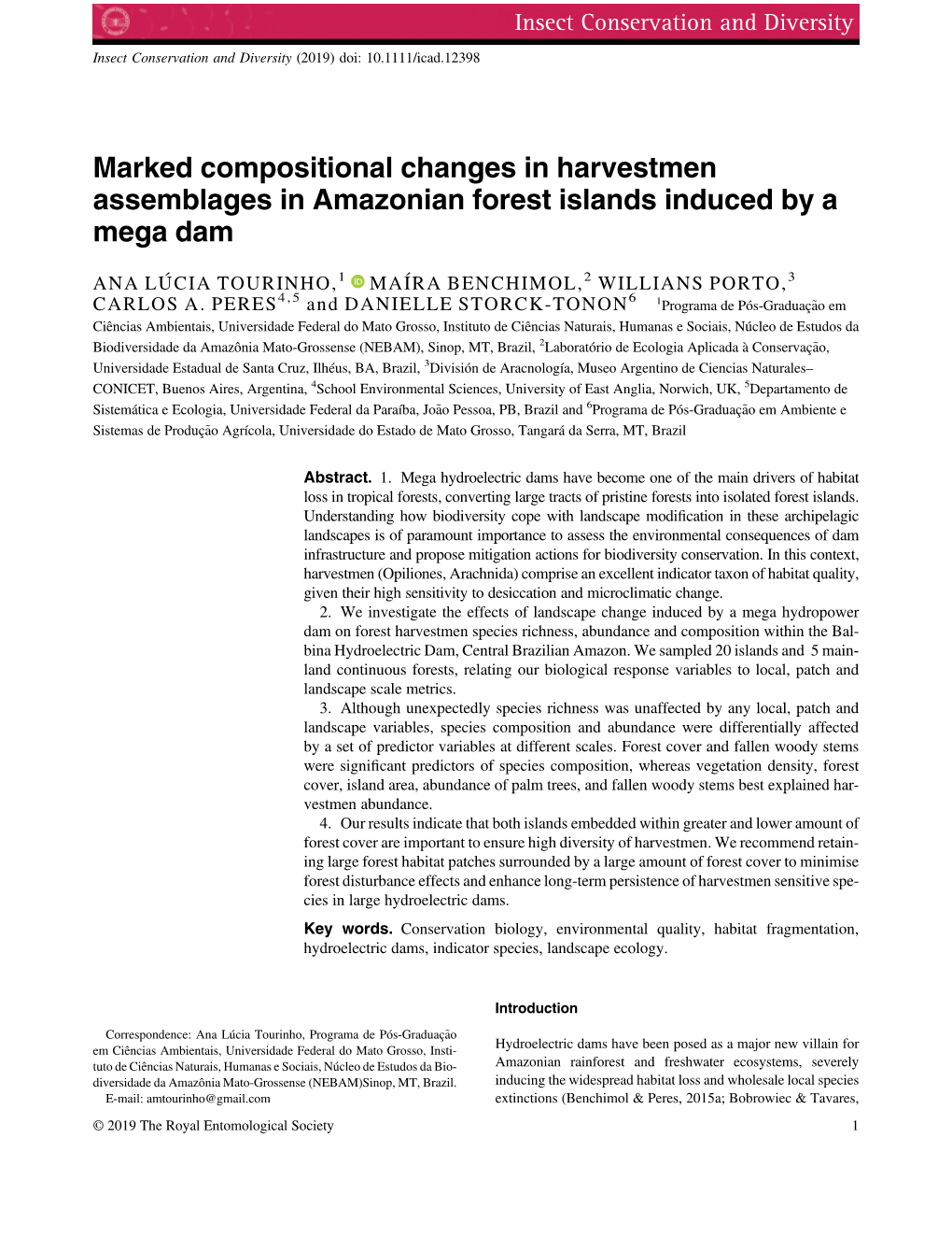 Marked Compositional Changes in Harvestmen Assemblages in Amazonian Forest Islands Induced by a Mega Dam