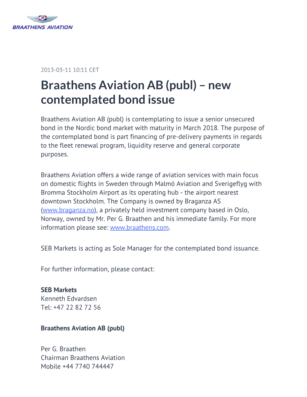 Braathens Aviation AB (Publ) – New Contemplated Bond Issue