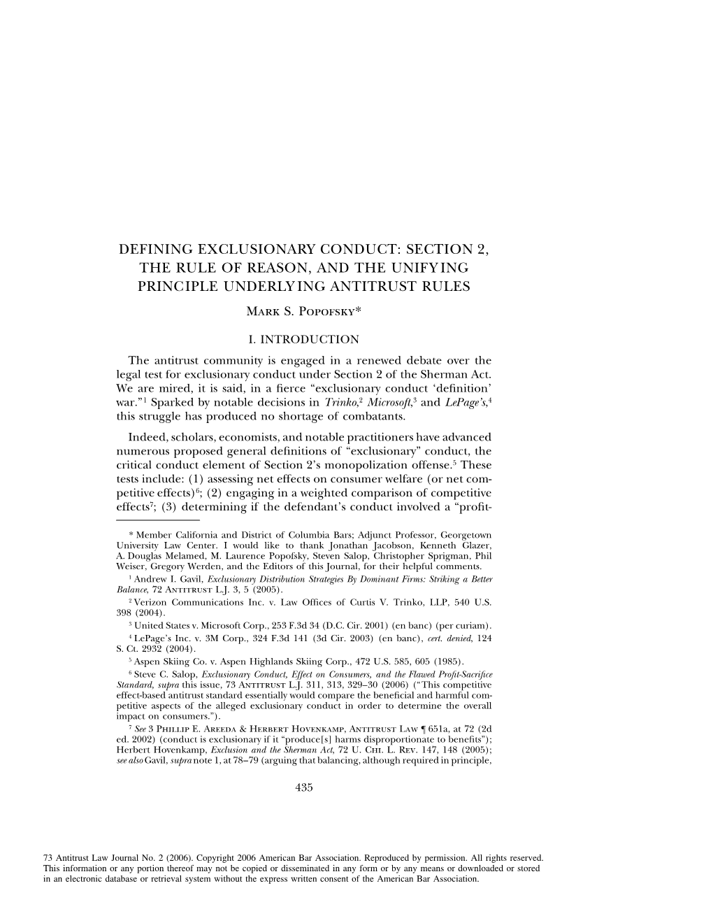 DEFINING EXCLUSIONARY CONDUCT: SECTION 2, the RULE of REASON, and the UNIFY ING PRINCIPLE UNDERLY ING ANTITRUST RULES Mark S