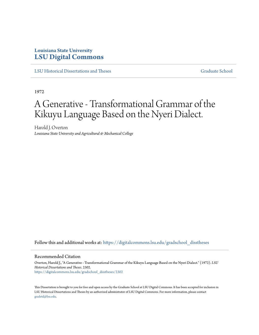 Transformational Grammar of the Kikuyu Language Based on the Nyeri Dialect