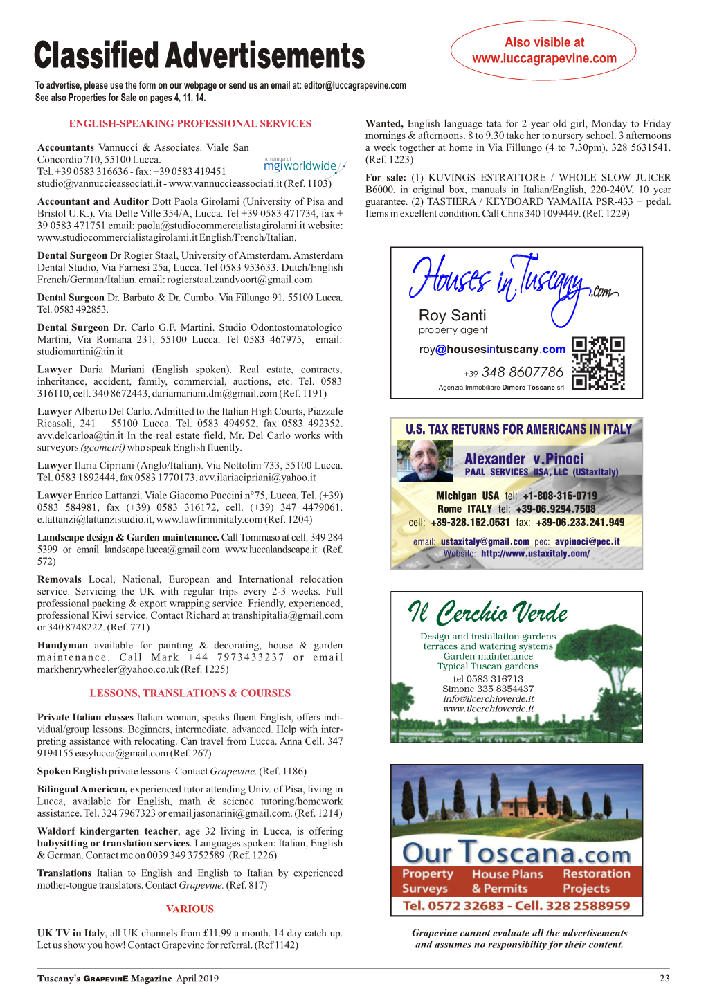 Classified Advertisements ~ April 2019 Issue