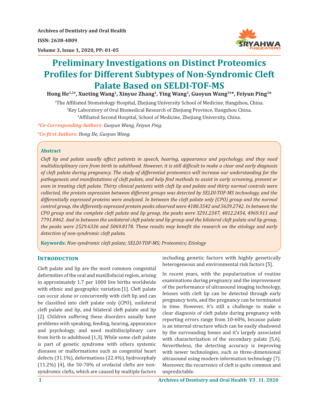 Preliminary Investigations on Distinct Proteomics Profiles for Different Subtypes of Non-Syndromic Cleft Palate Based on SELDI-T