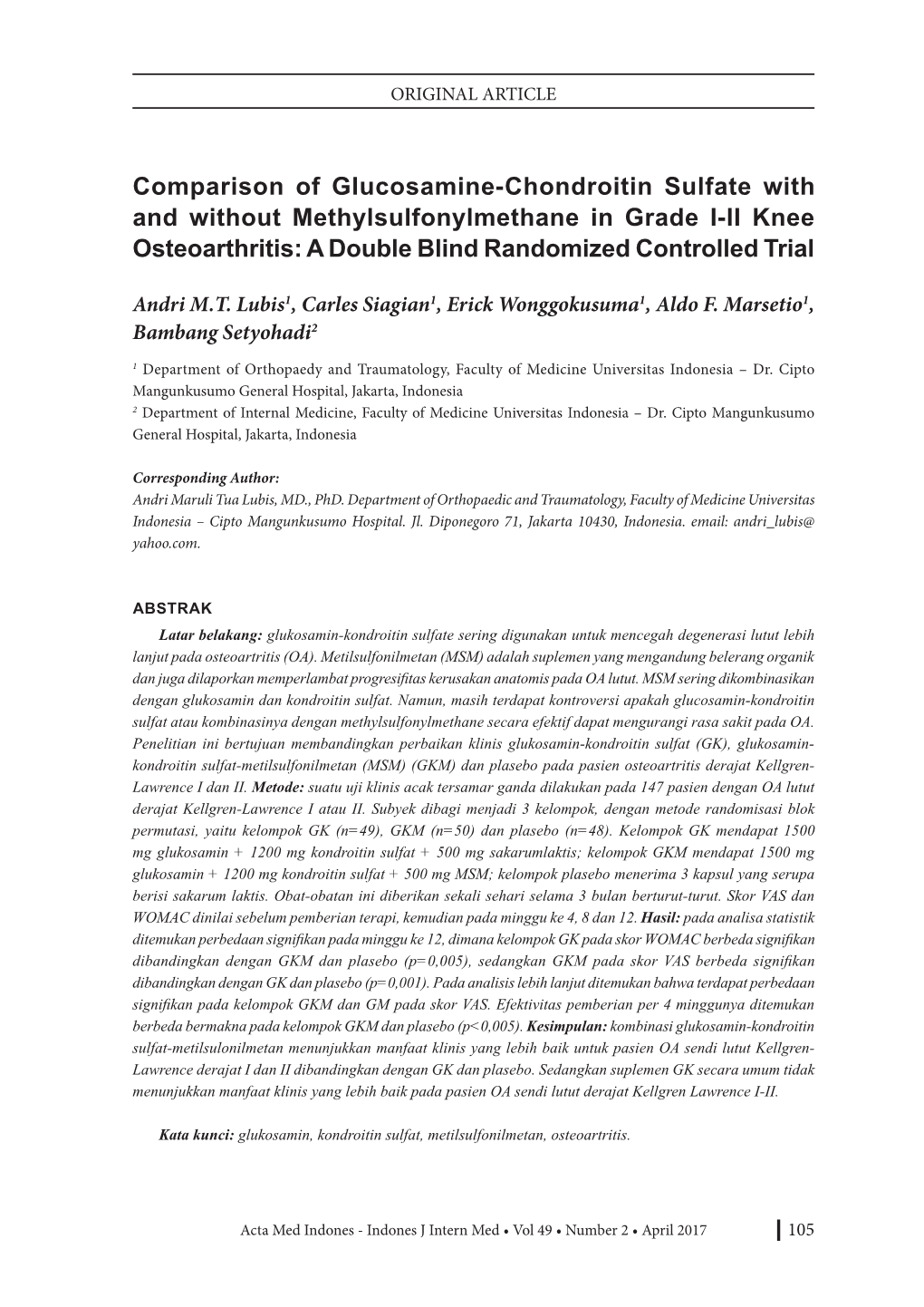 Comparison of Glucosamine-Chondroitin Sulfate with and Without Methylsulfonylmethane in Grade I-II Knee Osteoarthritis: a Double Blind Randomized Controlled Trial