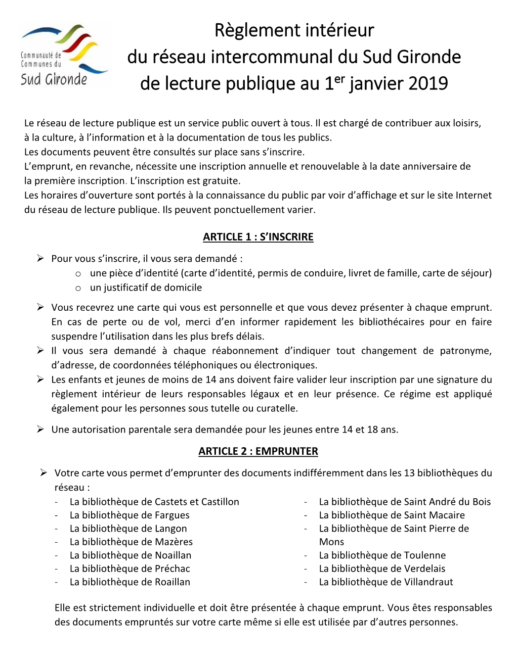 Règlement Intérieur Du Réseau Intercommunal Du Sud Gironde De Lecture Publique Au 1Er Janvier 2019