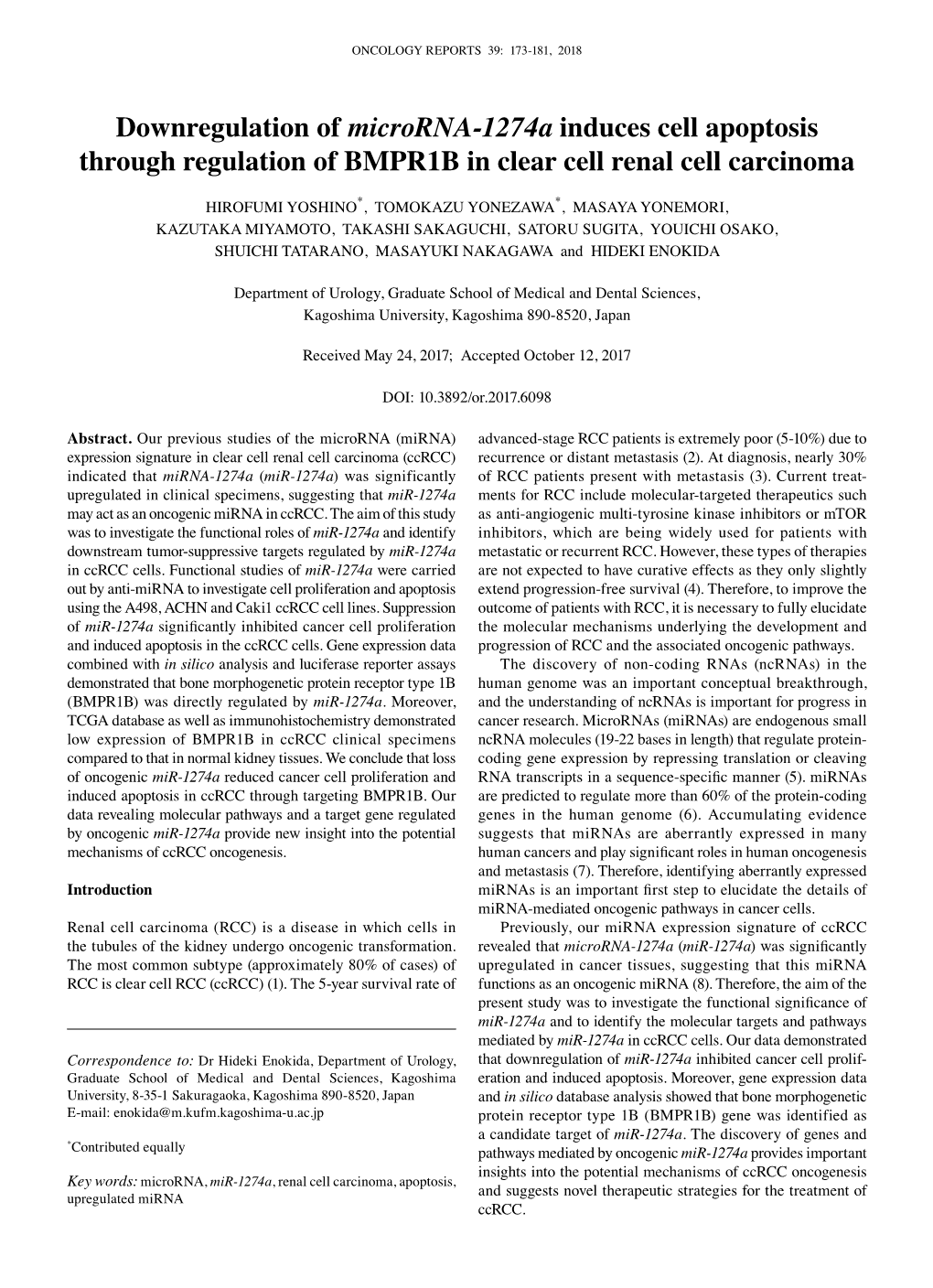 Downregulation of Microrna-1274A Induces Cell Apoptosis Through Regulation of BMPR1B in Clear Cell Renal Cell Carcinoma