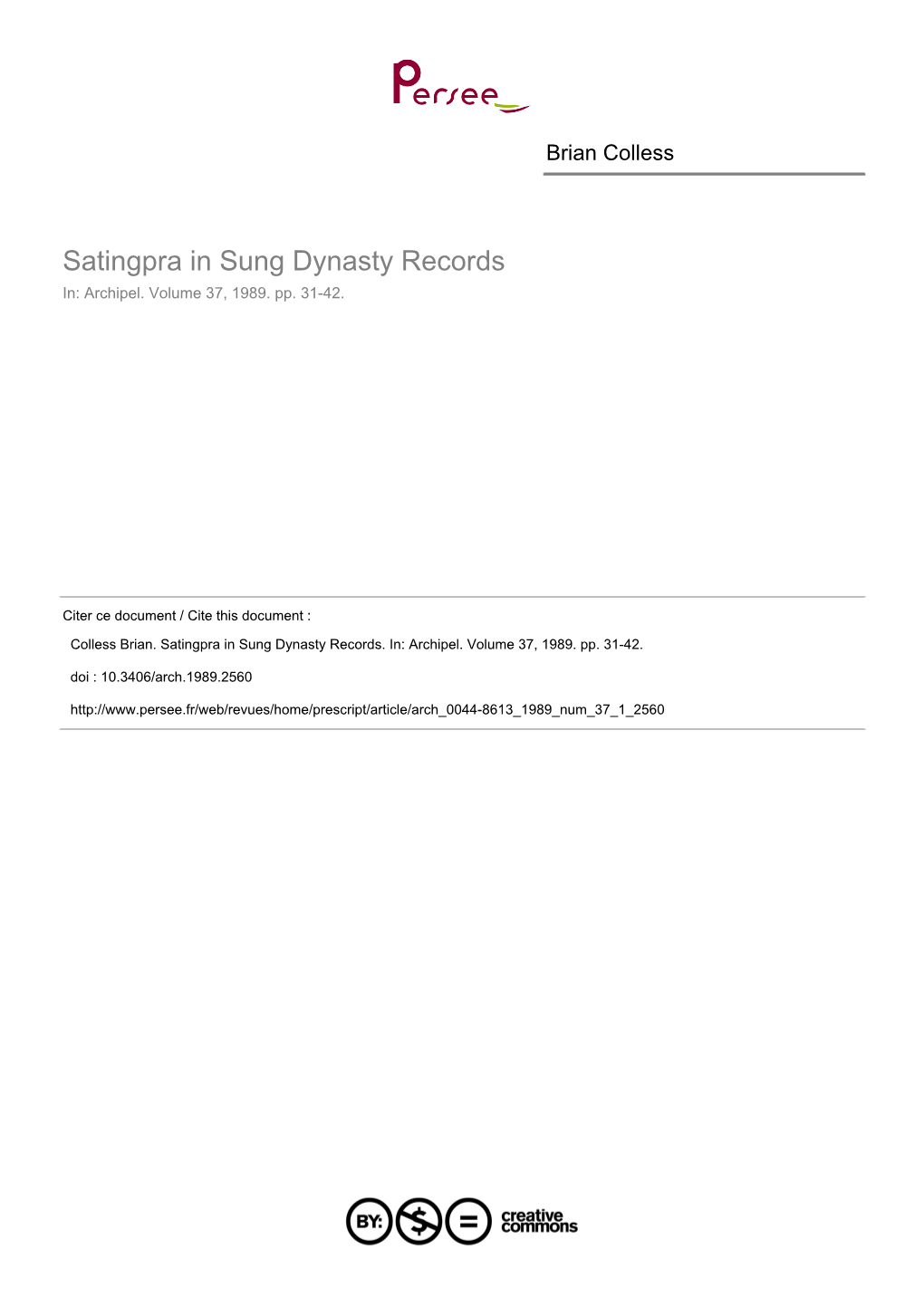 Satingpra in Sung Dynasty Records In: Archipel