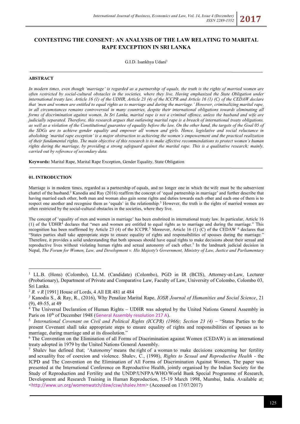 Contesting the Consent: an Analysis of the Law Relating to Marital Rape Exception in Sri Lanka