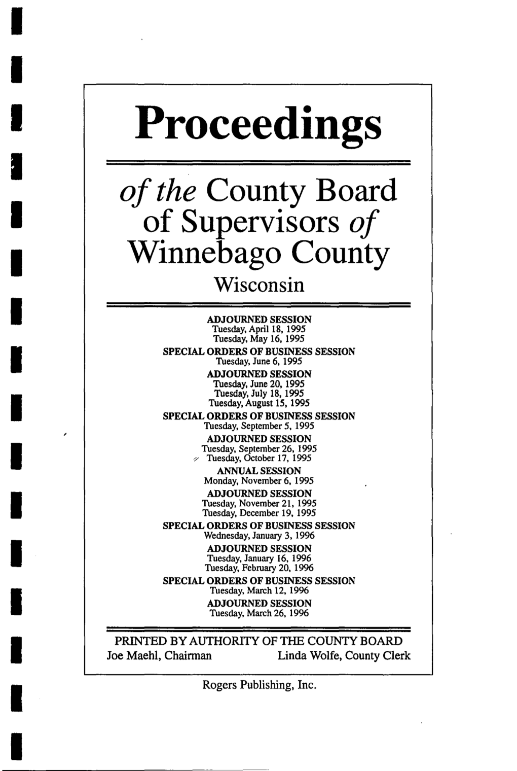 Proceedings I of the County Board I of Supervisors of I Winnebago County Wisconsin