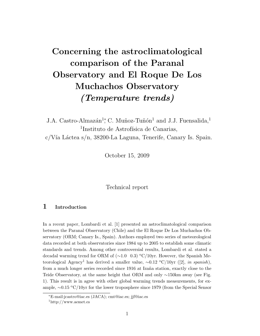 Concerning the Astroclimatological Comparison of the Paranal Observatory and El Roque De Los Muchachos Observatory (Temperature Trends)