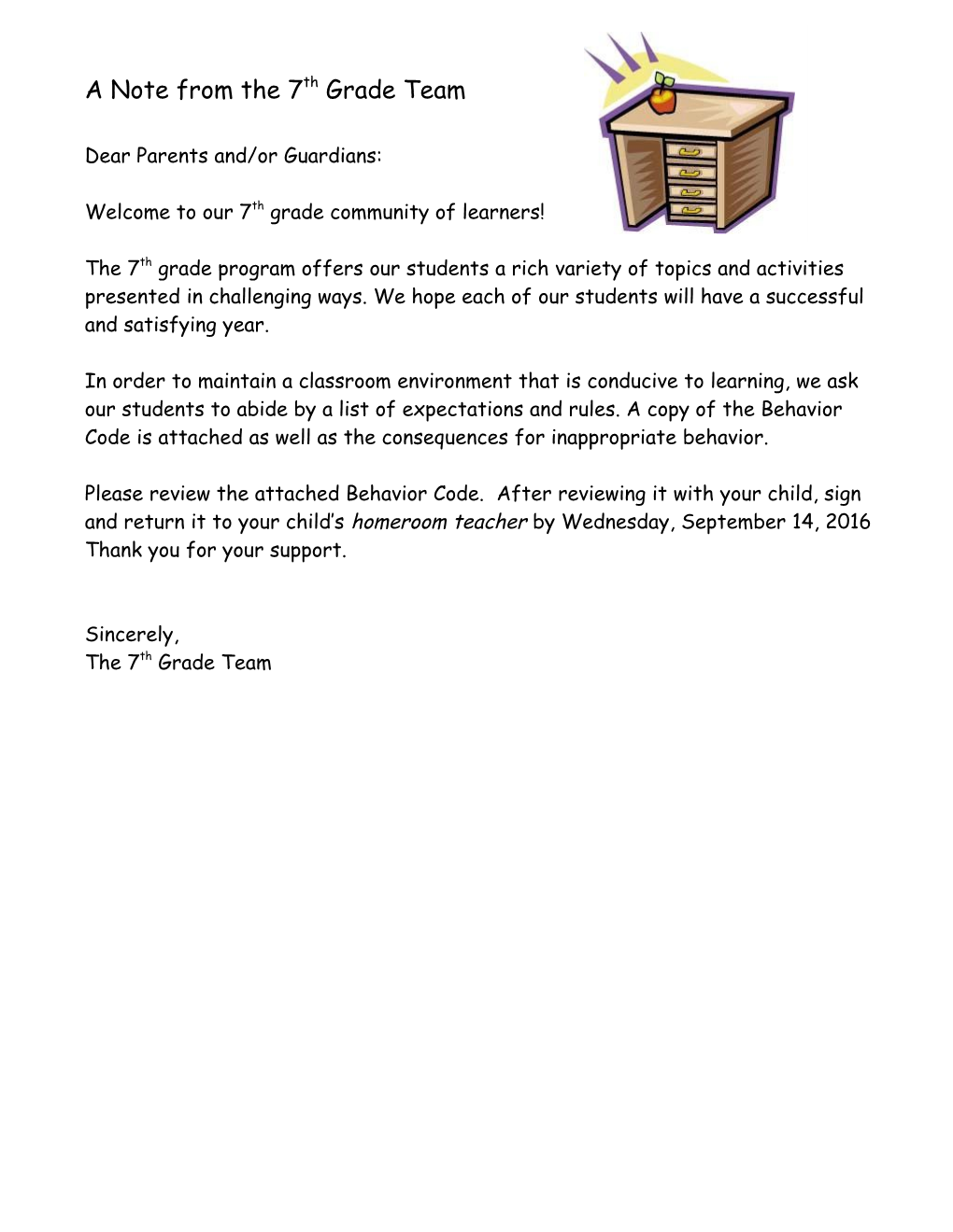 A Note from the 7Th Grade Team