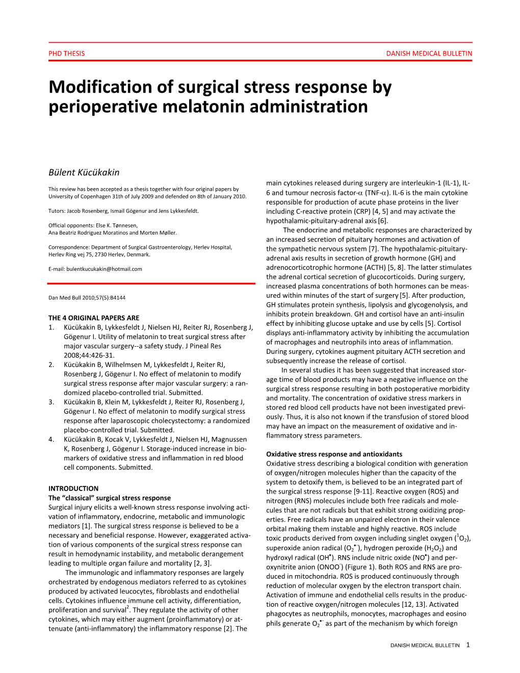 Modification of Surgical Stress Response by Perioperative Melatonin Administration