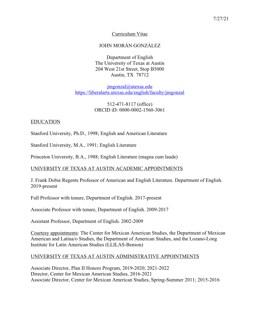 7/27/21 Curriculum Vitae JOHN MORÁN GONZÁLEZ Department Of