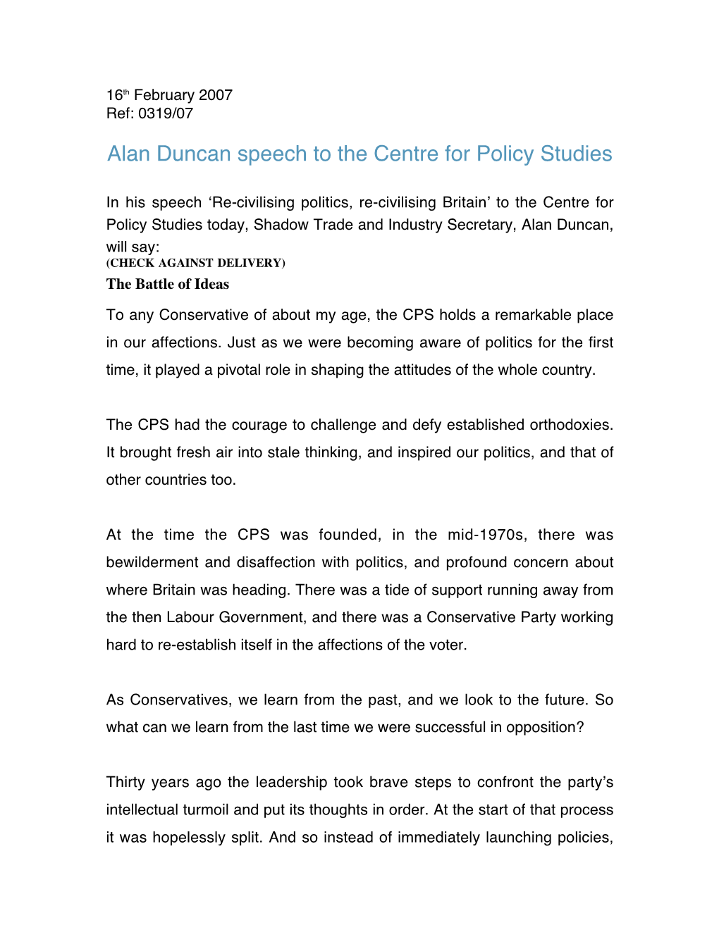 Alan Duncan Speech to the Centre for Policy Studies