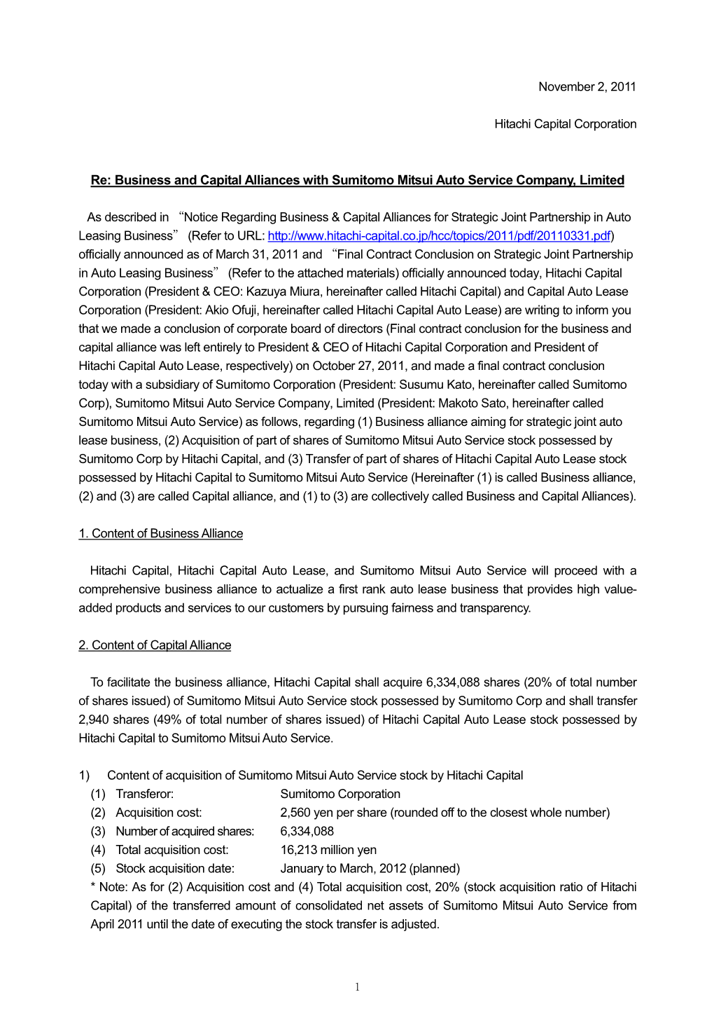 Re: Business and Capital Alliances with Sumitomo Mitsui Auto Service Company, Limited