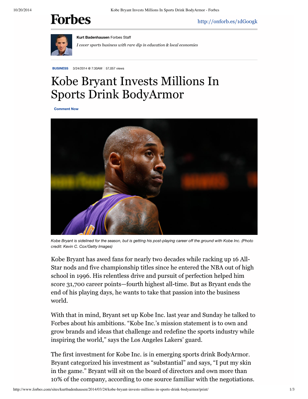 Kobe Bryant Invests Mill...Rink Bodyarmor