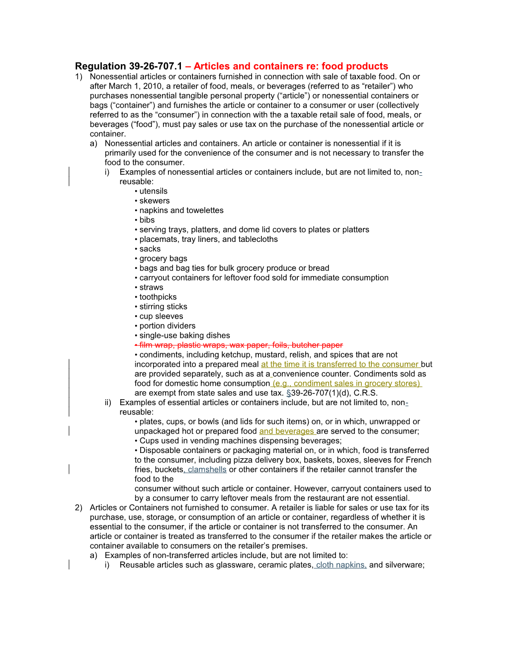 Regulation 39-26-707.1 Articles and Containers Re: Food Products