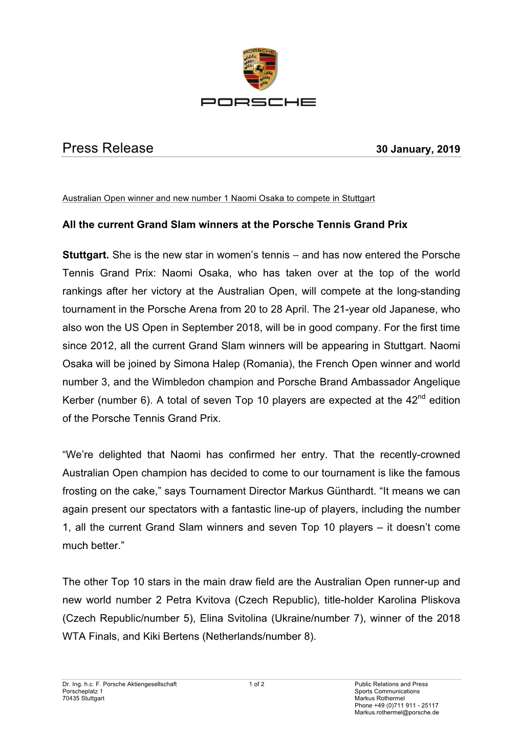 Press Release 30 January, 2019