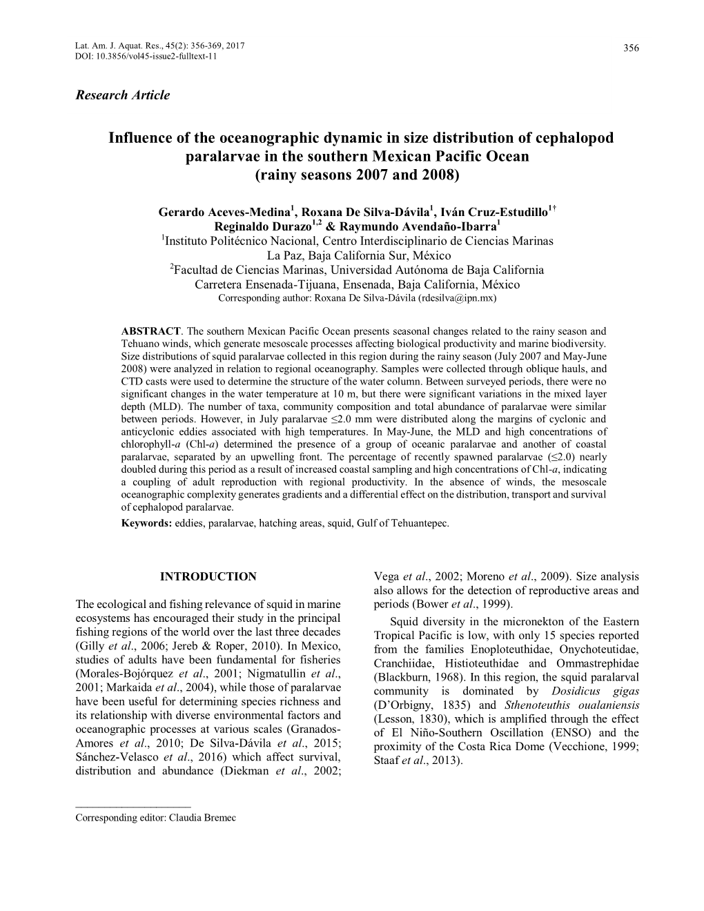 Influence of the Oceanographic Dynamic in Size Distribution of Cephalopod Paralarvae in the Southern Mexican Pacific Ocean (Rainy Seasons 2007 and 2008)