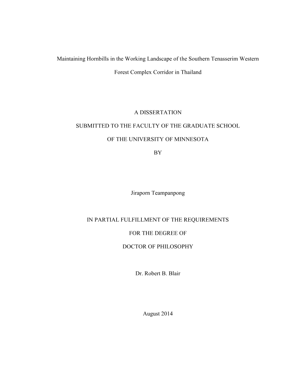 Maintaining Hornbills in the Working Landscape of the Southern Tenasserim Western