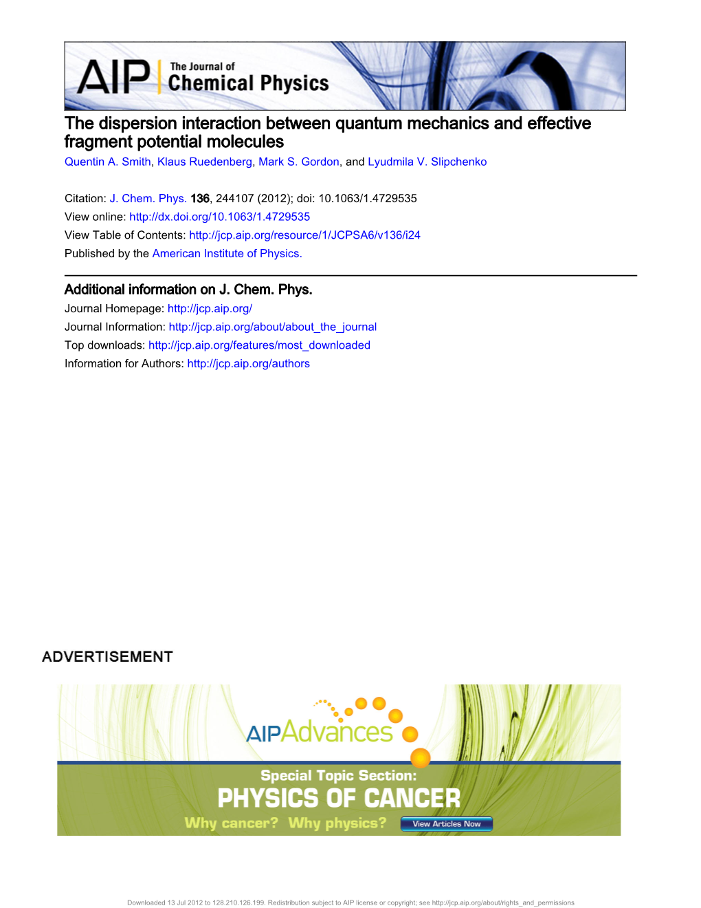 The Dispersion Interaction Between Quantum Mechanics and Effective Fragment Potential Molecules Quentin A