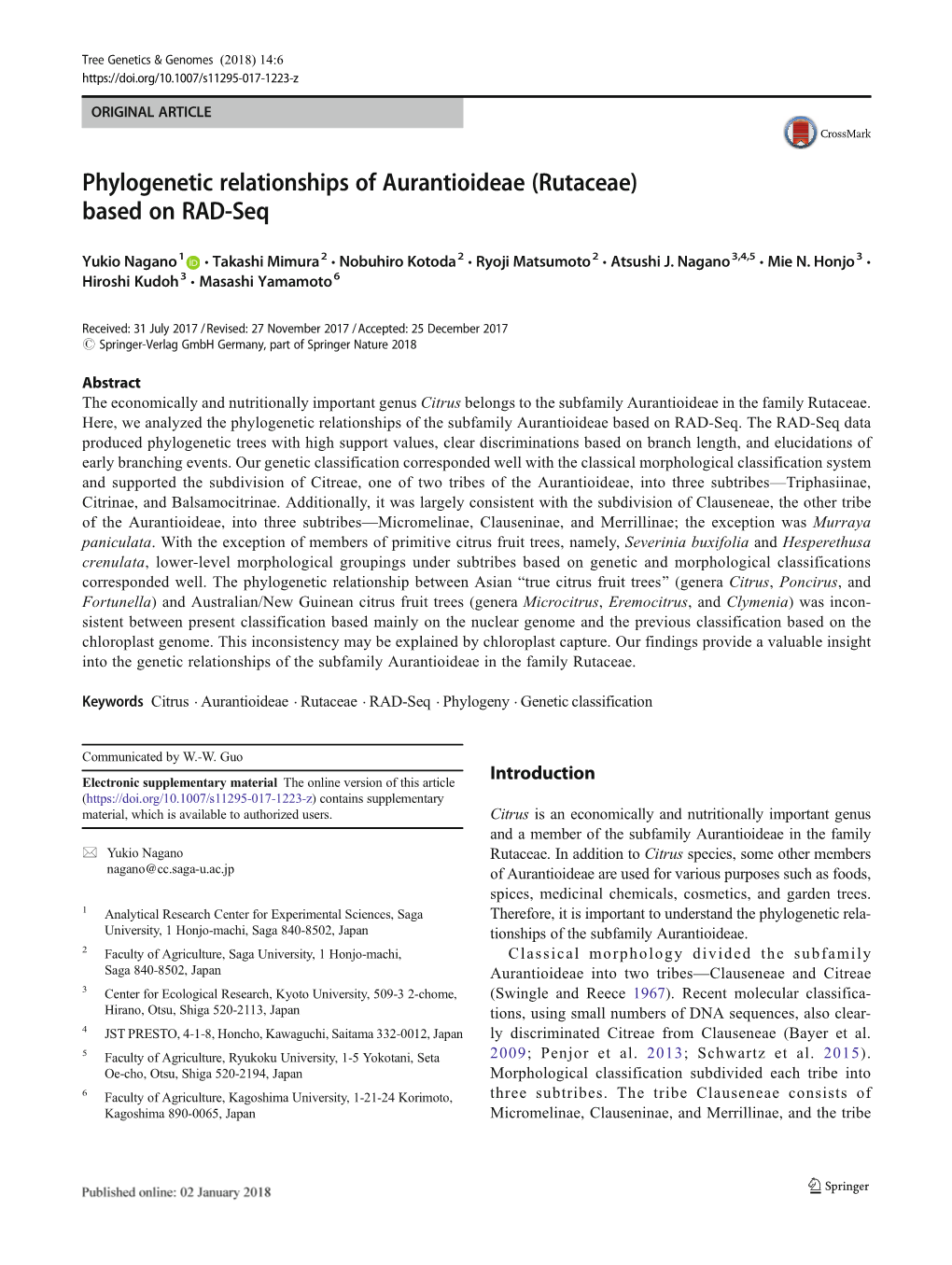 Phylogenetic Relationships of Aurantioideae (Rutaceae) Based on RAD-Seq