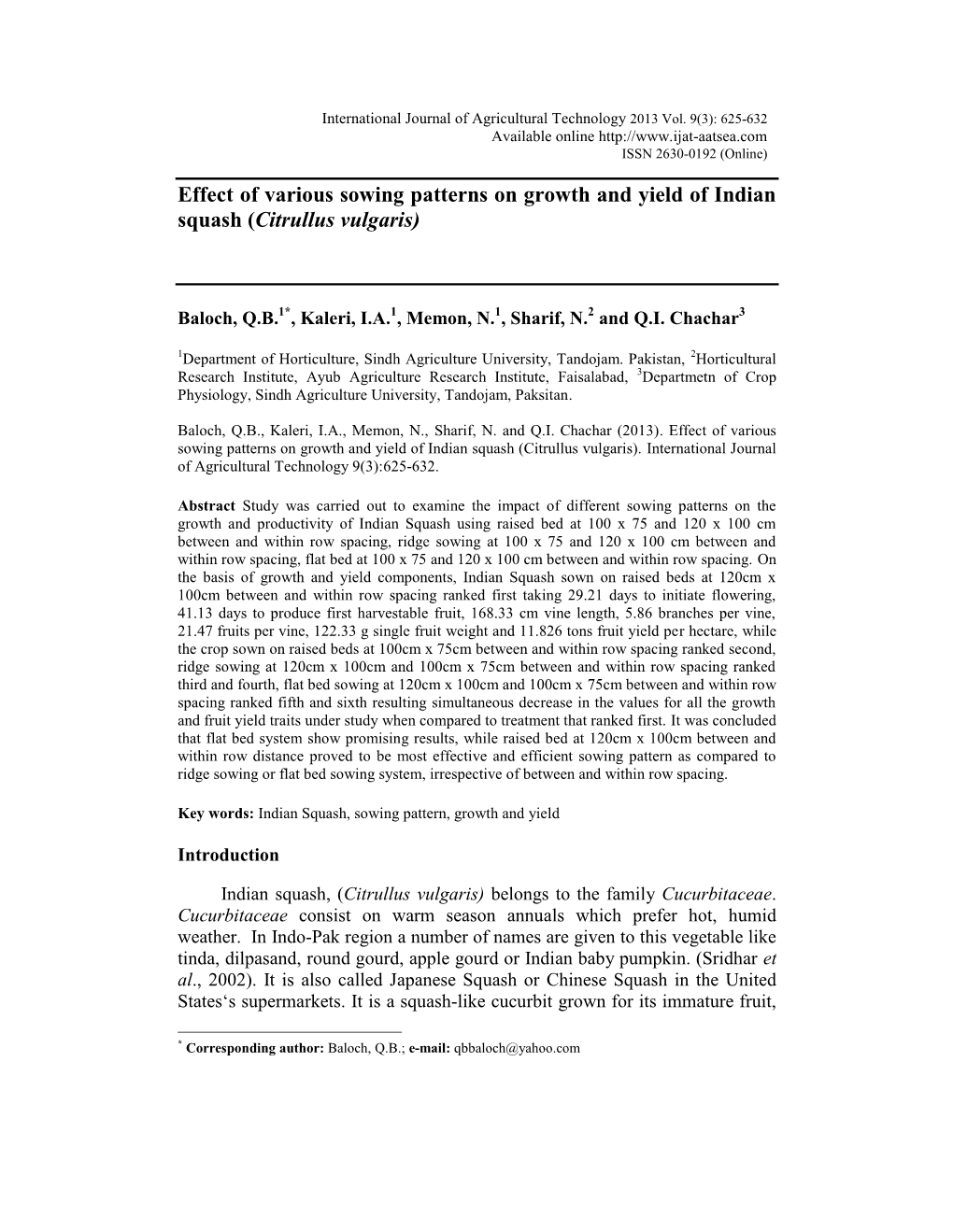 Effect of Various Sowing Patterns on Growth and Yield of Indian Squash (Citrullus Vulgaris)