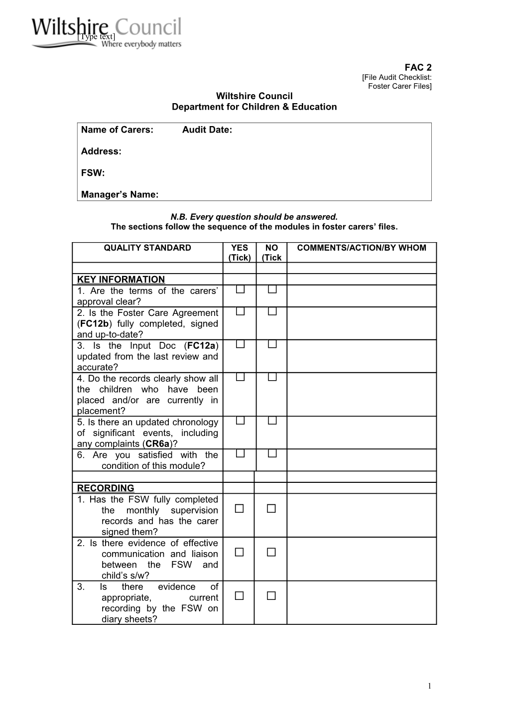 File Audit Checklist (Family Placement Teams)