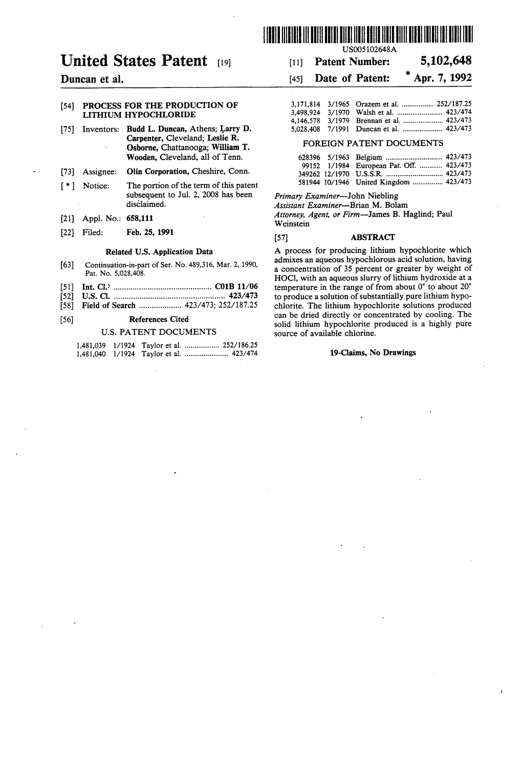 IHIIIHIIIHIII US005102648A United States Patent (19) (11) Patent Number: 5,102,648 Duncan Et Al