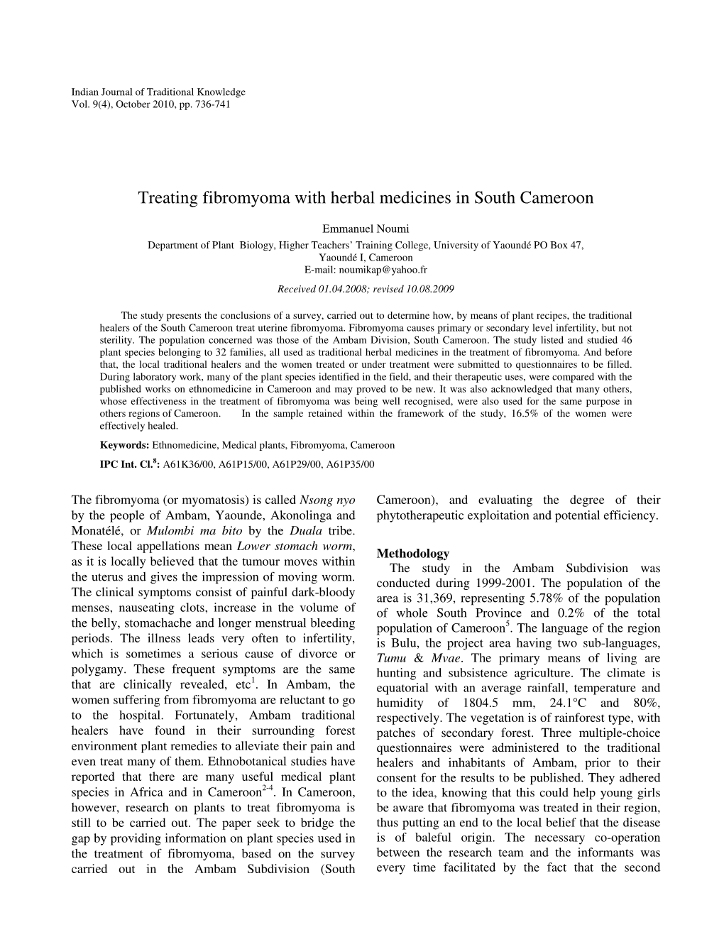 Treating Fibromyoma with Herbal Medicines in South Cameroon