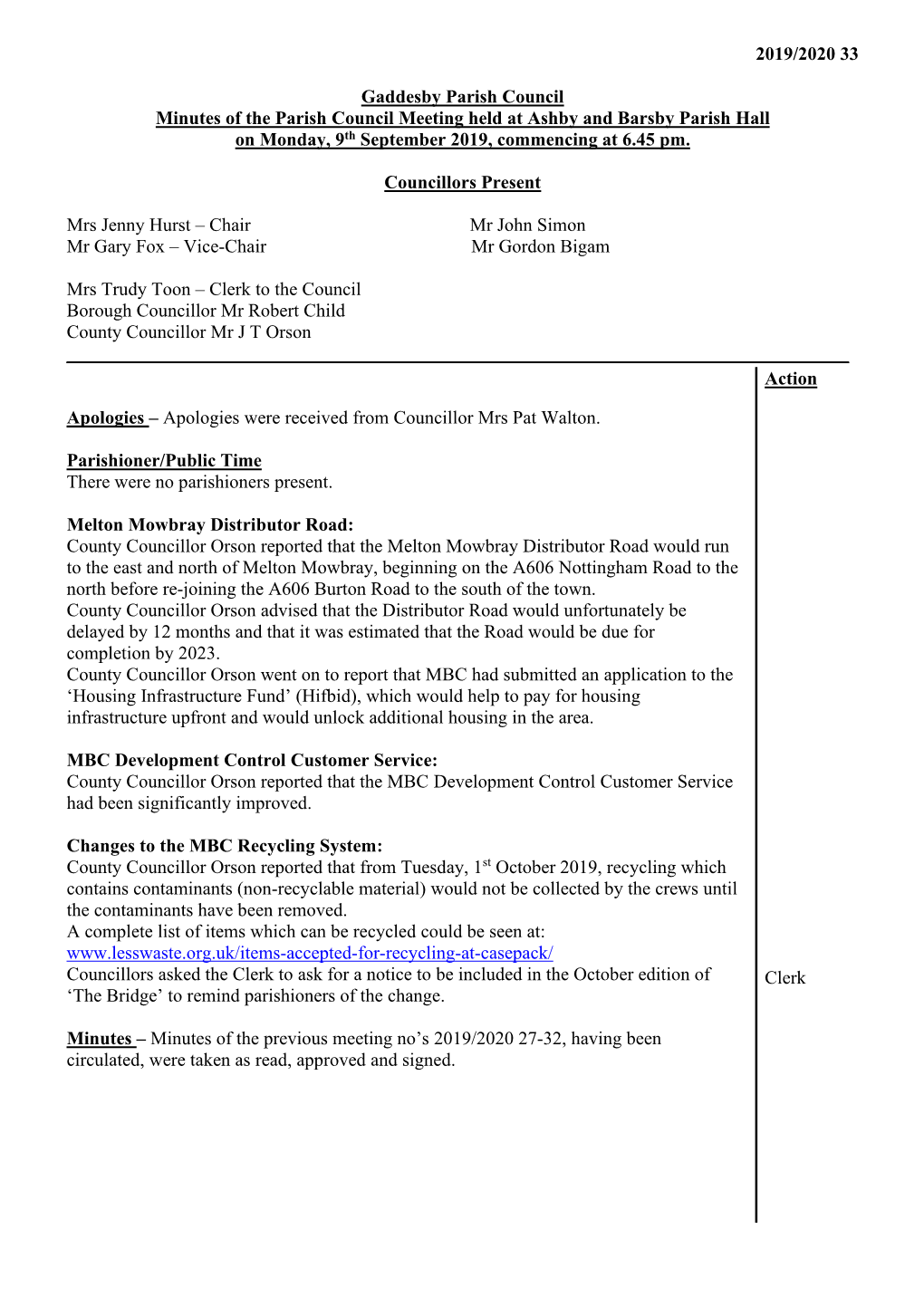2019/2020 33 Gaddesby Parish Council Minutes of the Parish Council Meeting Held at Ashby and Barsby Parish Hall on Monday, 9Th S