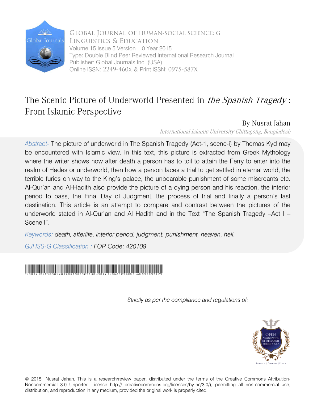 The Scenic Picture of Underworld Presented in the Spanish Tragedy : from Islamic Perspective by Nusrat Jahan International Islamic University Chittagong, Bangladesh