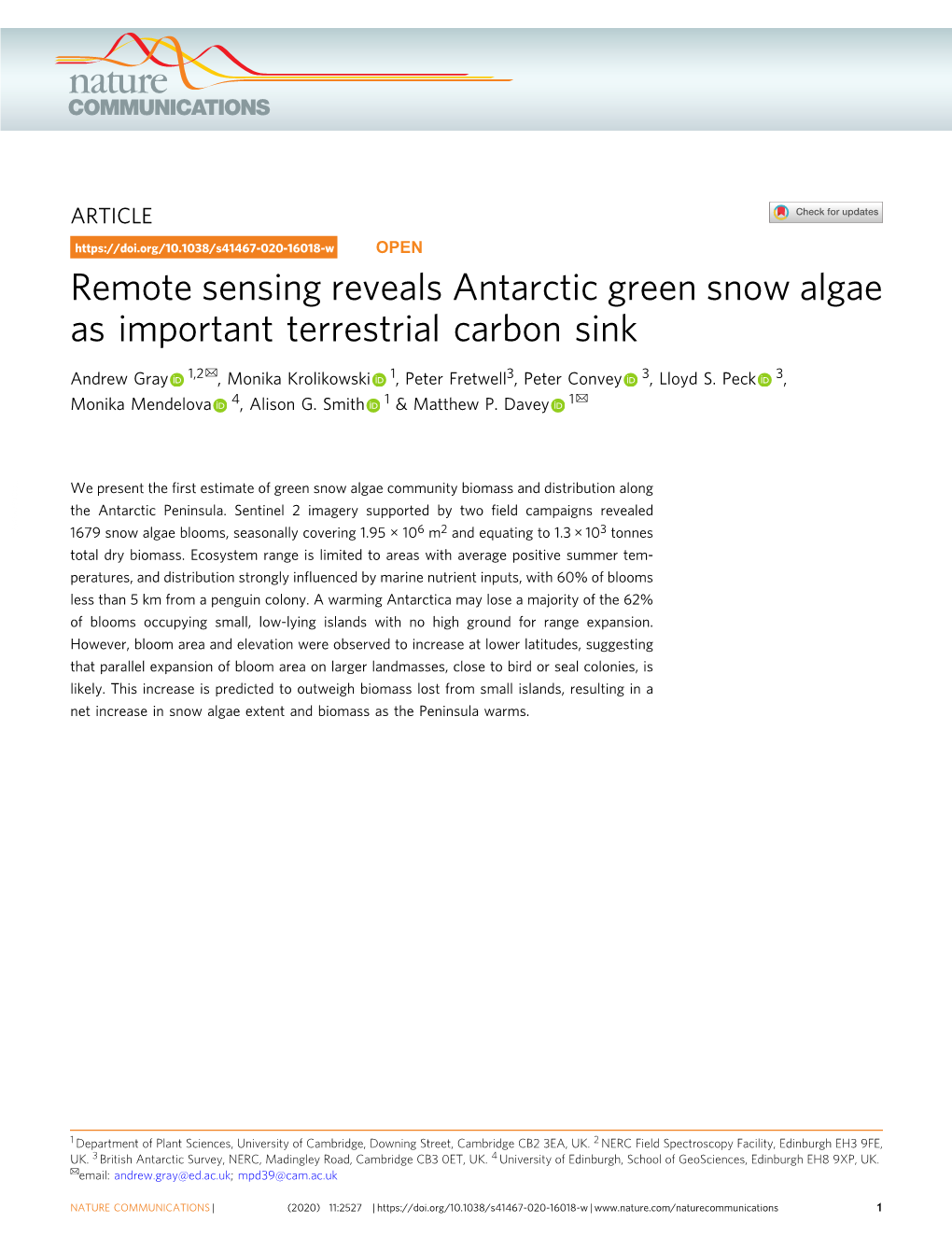 Remote Sensing Reveals Antarctic Green Snow Algae As Important