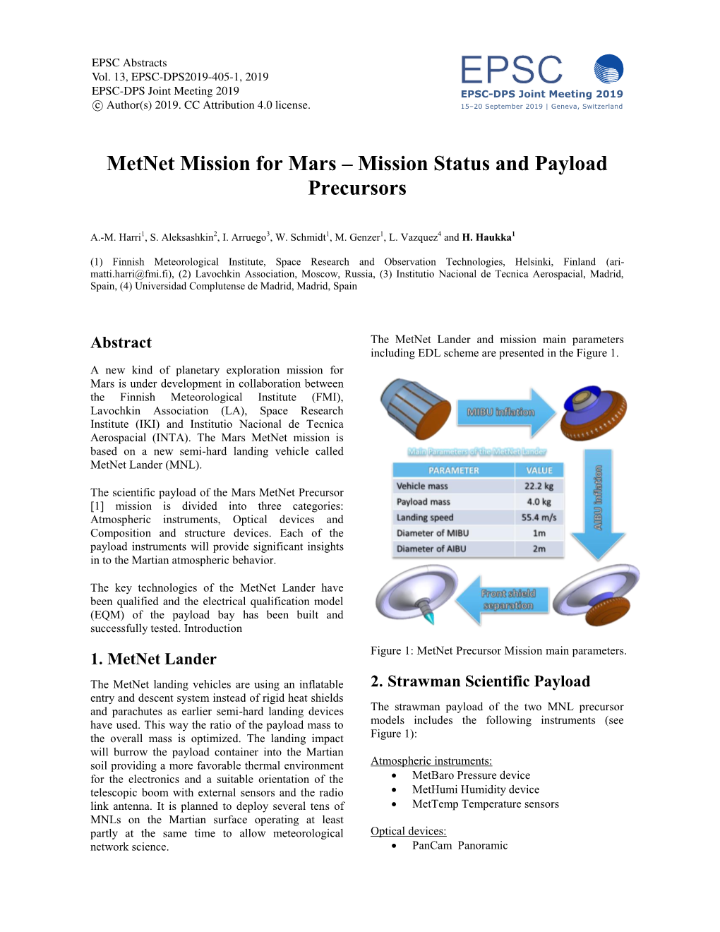 Metnet Mission for Mars – Mission Status and Payload Precursors