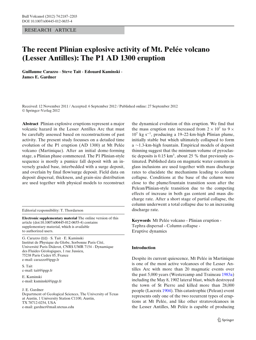 The Recent Plinian Explosive Activity of Mt. Pelée Volcano (Lesser Antilles): the P1 AD 1300 Eruption