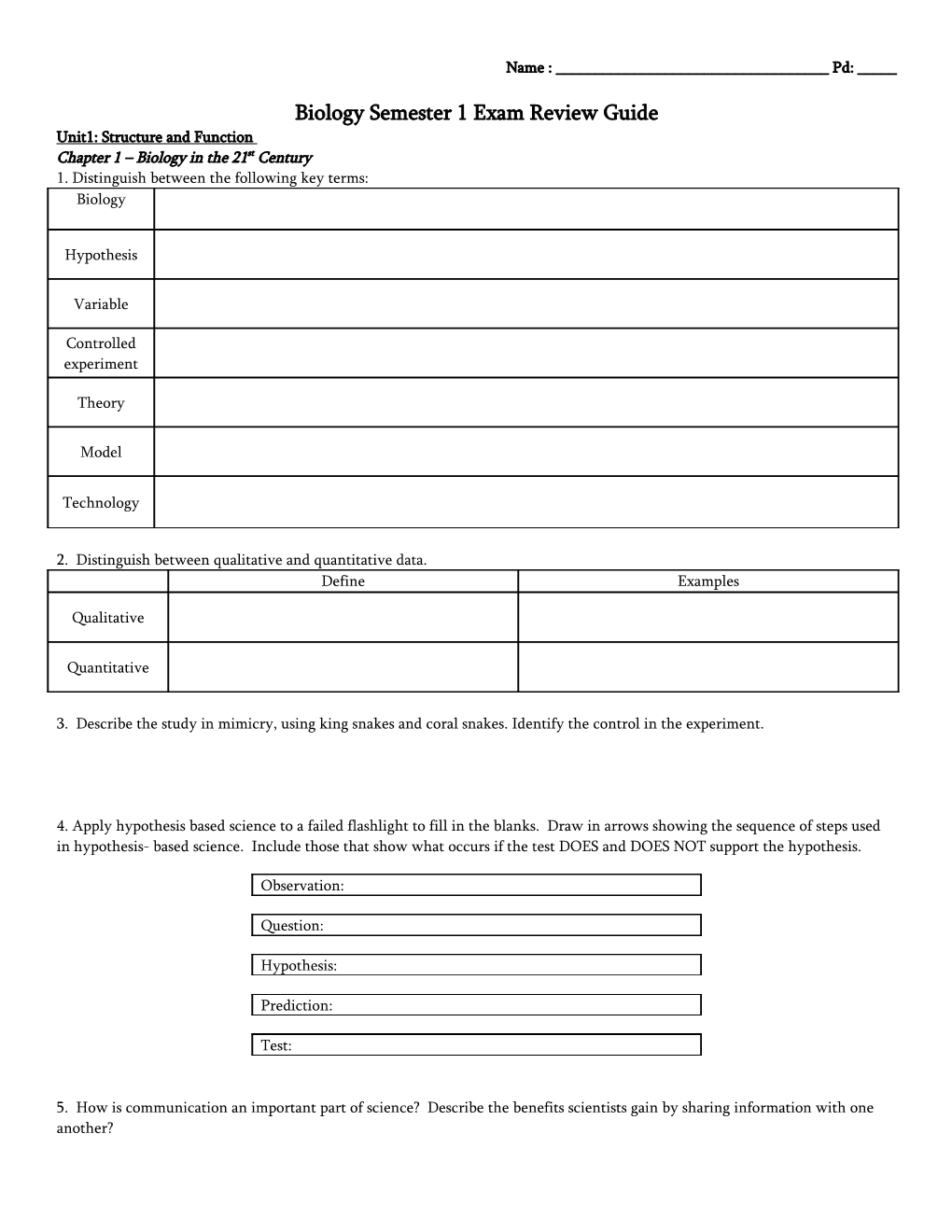 Biology Honors Semester 1 Exam Review