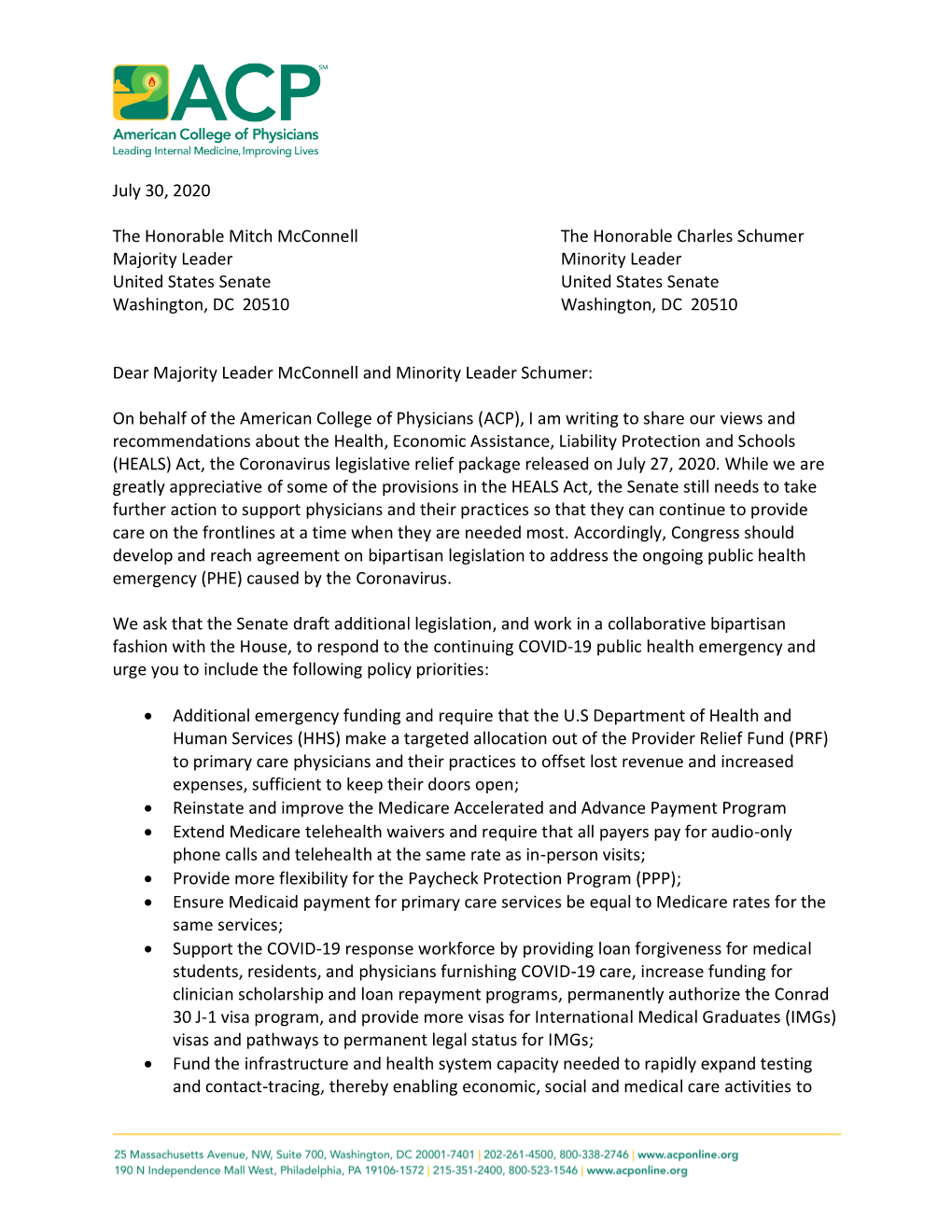 ACP Letter to Senate Leadership About Recommendations for The