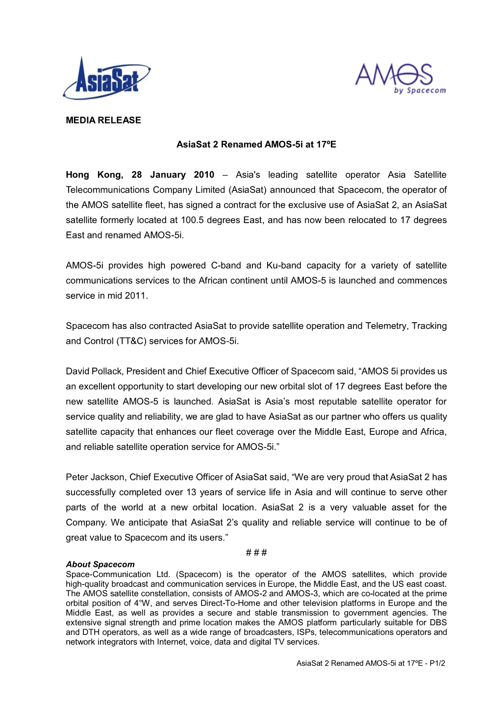 MEDIA RELEASE Asiasat 2 Renamed AMOS-5I at 17ºE Hong Kong