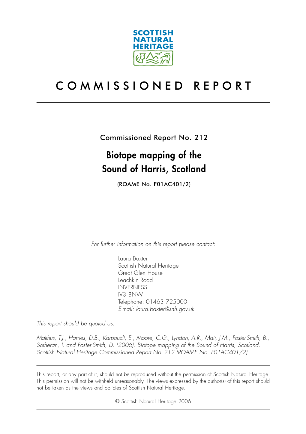 Report No. 212 Biotape Mapping of the Sound of Harris, Scotland