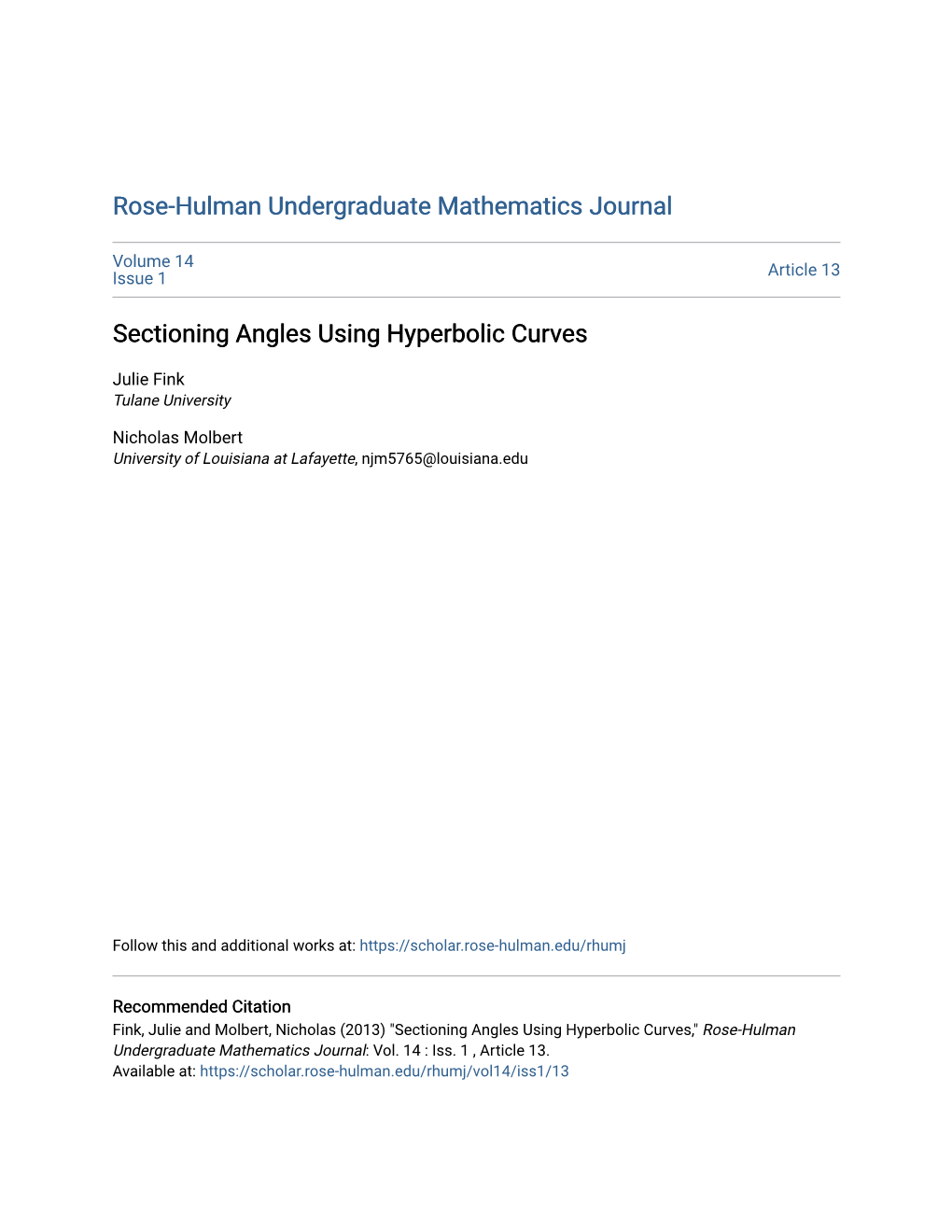 Sectioning Angles Using Hyperbolic Curves