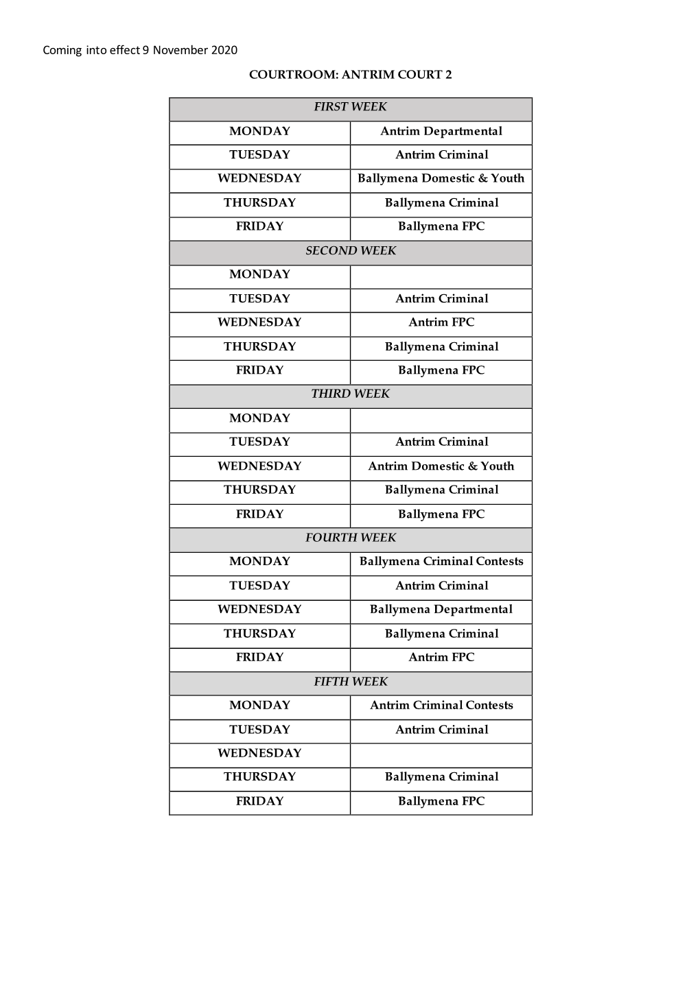 Coming Into Effect 9 November 2020 COURTROOM: ANTRIM COURT 2