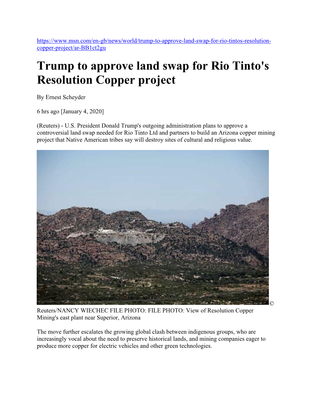 Trump to Approve Land Swap for Rio Tinto's Resolution Copper Project