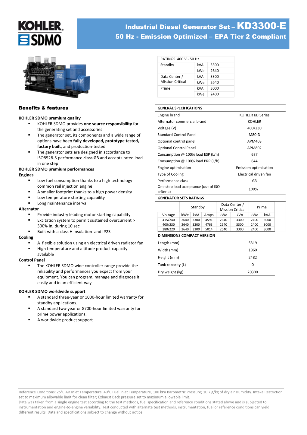 Industrial Diesel Generator Set – KD3300-E 50 Hz - Emission Optimized – EPA Tier 2 Compliant
