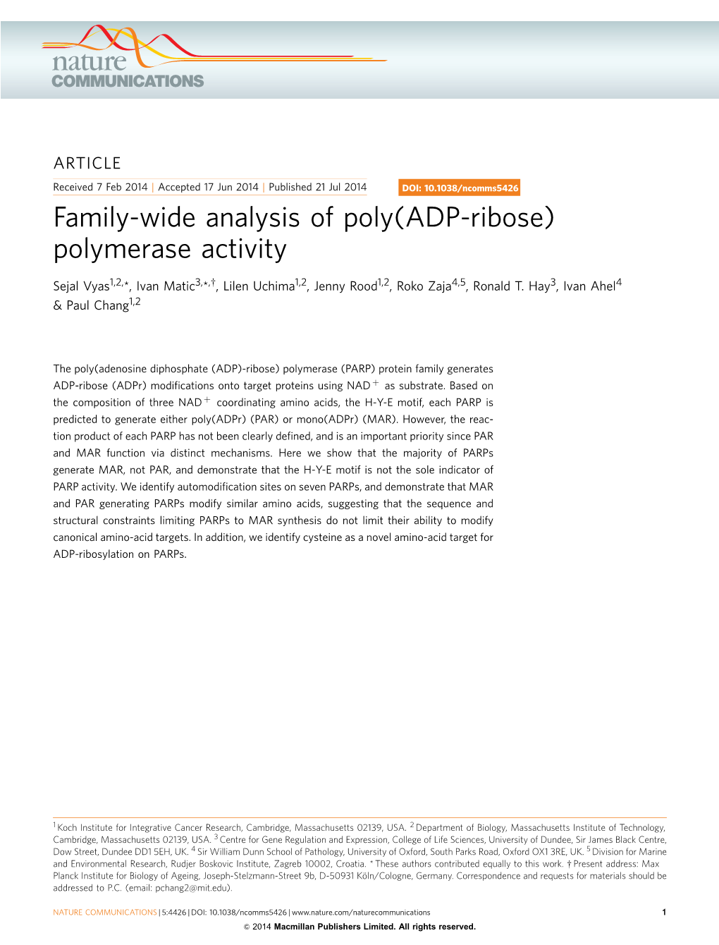 Family-Wide Analysis of Poly(ADP-Ribose) Polymerase Activity