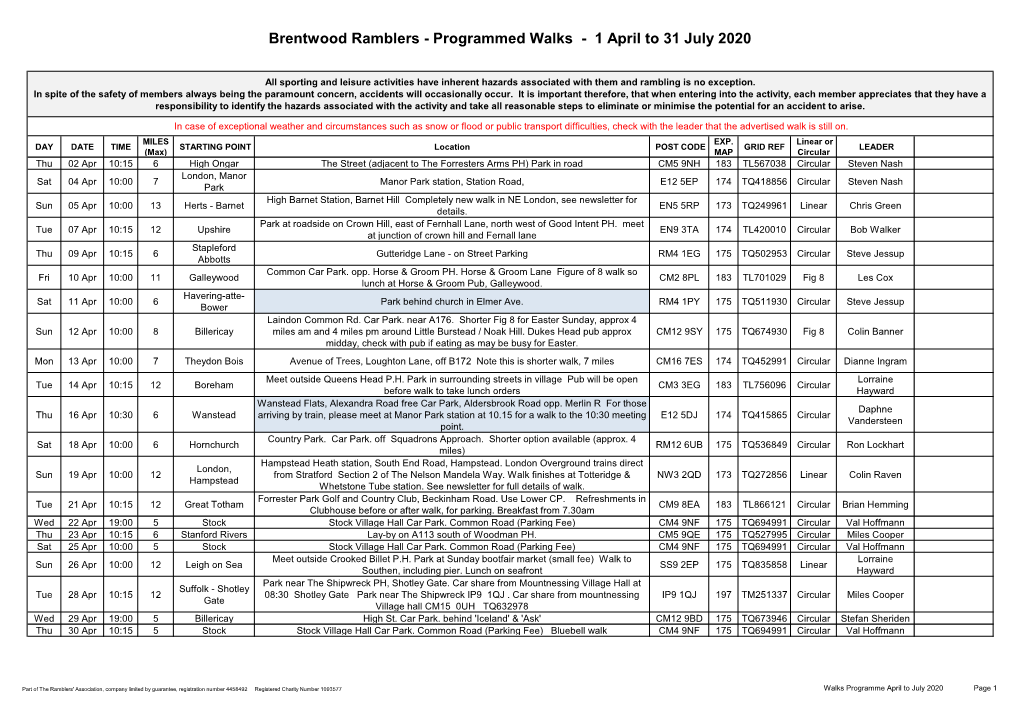 Programmed Walks - 1 April to 31 July 2020