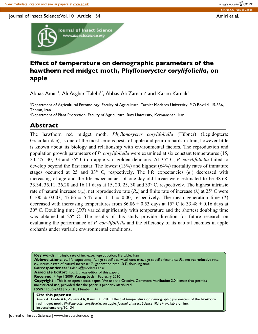 Effect of Temperature on Demographic Parameters of the Hawthorn Red Midget Moth, Phyllonorycter Corylifoliella, on Apple