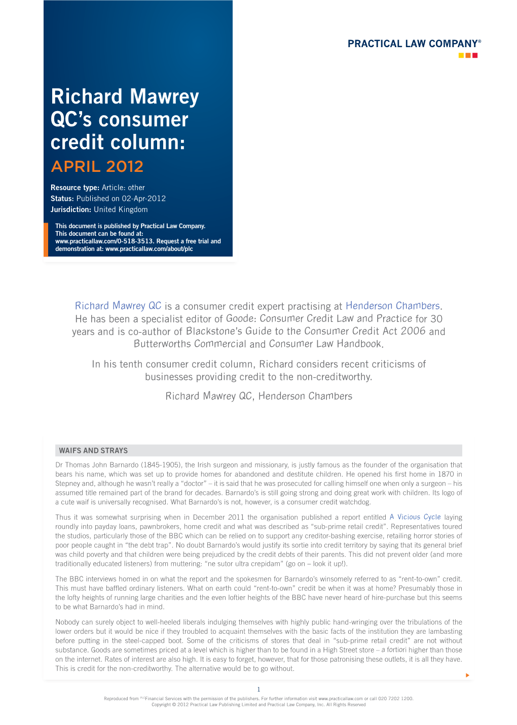 Richard Mawrey QC's Consumer Credit Column